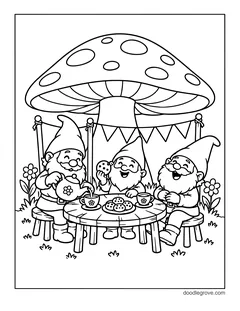 Three laughing gnomes having tea and cookies at a round table under a giant mushroom hung with bunting, with a teapot, cups, stools and flowers