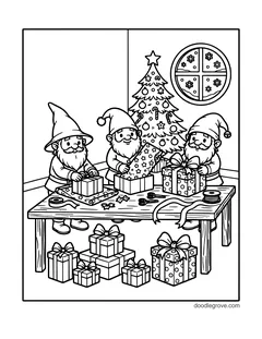 Three gnomes wrapping presents at a wooden table, with rolls of paper, ribbon and scissors, stacks of gifts under the table, a Christmas tree and a round window with snowflakes
