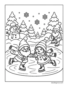 A boy gnome and a girl gnome ice skating hand in hand on a frozen pond while another gnome laces his skates, with a snowman, snowy pine trees and snowflakes