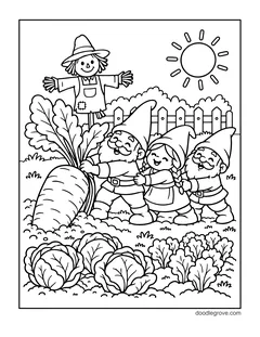 Three gnomes pulling a giant carrot out of the garden, with cabbages, a picket fence, a scarecrow and the sun