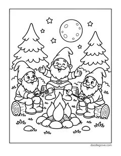 Three gnomes sitting on logs and roasting marshmallows over a campfire, with pine trees, a full moon and stars
