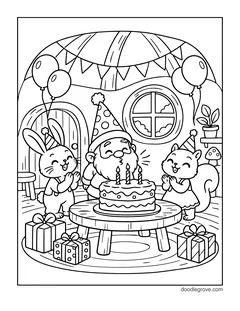 A gnome in a party hat blowing out the candles on a birthday cake with a bunny and a squirrel, inside a mushroom house with balloons, bunting, a round window and presents