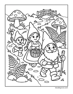 A gnome with a walking stick, a girl gnome with a basket of flowers and a little gnome with a pinwheel walking along a path, with giant mushrooms, ferns, rocks and a wooden bridge
