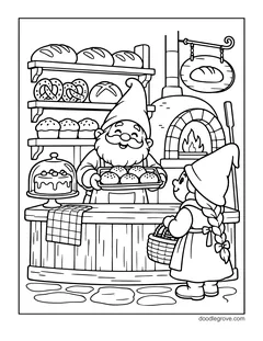 A gnome baker holding a tray of buns at the counter of a bakery while a girl gnome with a basket waits, with shelves of bread, pretzels and muffins, a cake under a glass dome, a brick oven and a hanging sign