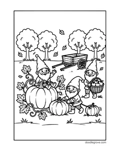 Three gnomes in a pumpkin patch, one sitting on a giant pumpkin, one pulling a small pumpkin on a cart and one carrying a basket of apples, with a wooden wagon, trees and falling leaves