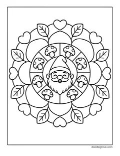 A round mandala with a smiling gnome face in the center, ringed by mushrooms, petals, leaves and hearts
