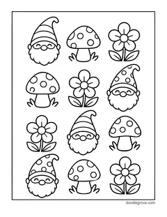 Rows of gnome faces, spotted mushrooms and flowers spread across the page