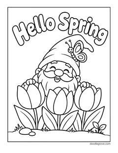The words Hello Spring above a gnome peeking over three tulips, with a butterfly on his hat