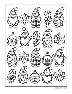 Rows of small gnomes holding presents, hearts, stars and trees, with snowflakes, candy canes and ornaments