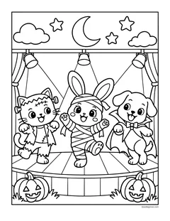 A cat dressed as Frankenstein's monster, a bunny dressed as a mummy and a puppy in a vampire cape dancing on a stage under spotlights