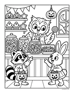An owl shopkeeper behind a counter of candy jars while a raccoon and a bunny with trick-or-treat buckets point at the sweets
