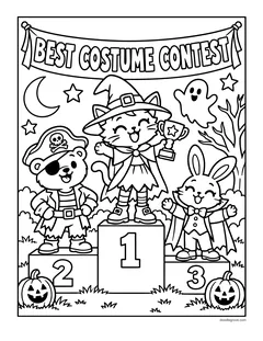 A cat witch holding a trophy on the first place podium, with a pirate bear in second and a vampire bunny in third, under a Best Costume Contest banner