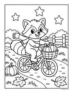 A raccoon in a scarf riding a bicycle with a basket of pumpkins along a country path with a fence and falling leaves
