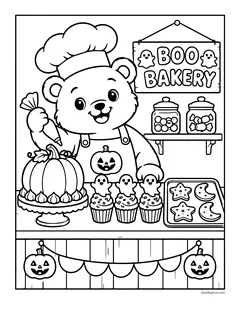 A bear baker in a chef hat piping frosting at a counter with a pumpkin cake, ghost cupcakes and cookies, under a Boo Bakery sign