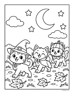 Three kittens walking along a path at night, one in a witch hat, one in a cape and one in a pumpkin hat, with leaves on the ground
