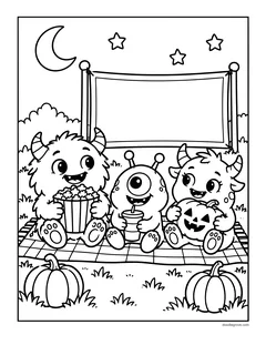 Three cute monsters sitting on a picnic blanket in front of an outdoor movie screen with popcorn, a drink and a jack-o'-lantern
