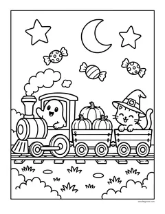 A little steam train pulling cars of pumpkins, driven by a ghost, with a kitten in a witch hat riding in the last car