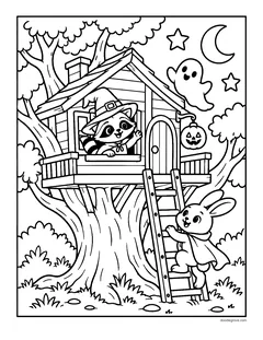 A raccoon in a witch hat waving from a tree house while a bunny in a cape climbs the ladder, with a ghost and a jack-o'-lantern lantern