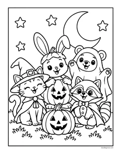 A cat witch, a bunny in a pumpkin hat, a bear in a ghost sheet and a raccoon in a vampire cape posing with two jack-o'-lanterns