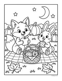 A fox eating an apple and a bunny holding a cookie on a picnic blanket with a basket, pumpkins and a crescent moon
