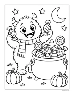 A furry monster in a striped scarf holding candies next to a cauldron full of lollipops, candy corn and sweets