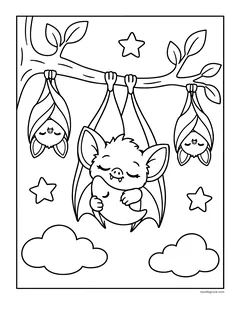 Three bats hanging upside down from a leafy branch, the middle one hugging itself as it sleeps, with stars and clouds