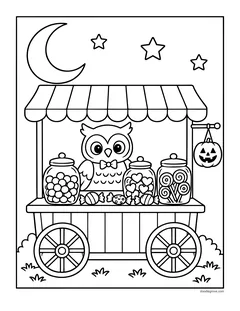 An owl selling candy from a wheeled cart with an awning, jars of gumballs, hearts and lollipops, and a jack-o'-lantern lantern