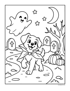 A puppy in a vampire cape trotting along a path past gravestones, a bare tree, pumpkins and a waving ghost