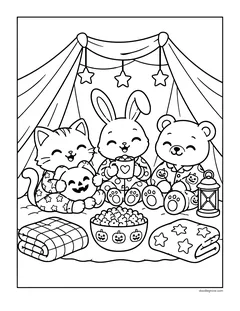 A cat, a bunny and a bear in pajamas having a slumber party in a blanket tent with popcorn, a lantern and a pumpkin plush