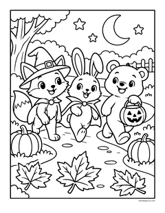 A fox in a witch hat, a bunny in a cape and a bear with a jack-o'-lantern bucket walking down a path covered in leaves