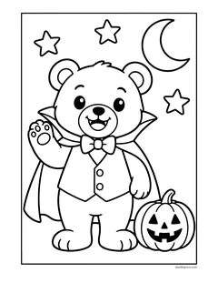 A teddy bear dressed as a vampire in a cape and bow tie waving next to a jack-o'-lantern, with stars and a crescent moon