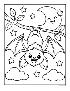 A smiling bat hanging from a leafy branch with its wings spread wide, in front of a smiling moon with stars and clouds