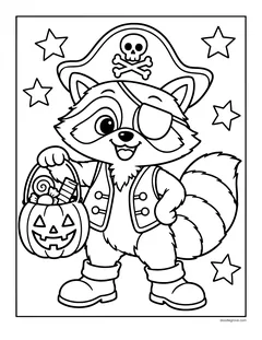 A raccoon in a pirate hat with a skull and crossbones, an eye patch and a vest, holding a jack-o'-lantern candy bucket