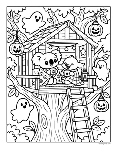 A koala and a duck wrapped in blankets with warm drinks in a tree house hung with jack-o'-lantern lanterns, with ghosts around the tree