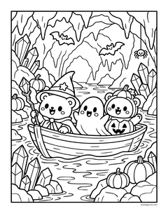 A bear in a wizard hat, a ghost and a bear in a pumpkin costume riding a rowboat through a cave with crystals, bats and pumpkins on the rocks