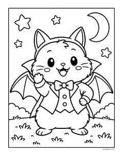 A kitten dressed as a vampire with bat wings, a bow tie and a vest, waving under a crescent moon and stars