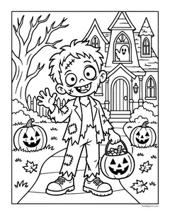 A smiling zombie boy in torn clothes waving and carrying a candy bucket in front of a haunted house with jack-o'-lanterns