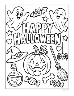 The words Happy Halloween surrounded by ghosts, a bat, a witch hat, a jack-o'-lantern, a potion, a broom, candy, a bone and a spider