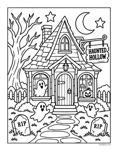 A crooked house with a Haunted Hollow sign, ghosts in the window and the garden, two RIP gravestones and a bare tree