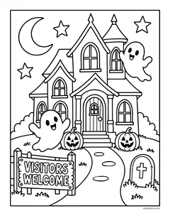 A tall haunted house with two friendly ghosts, jack-o'-lanterns on the steps, a gravestone and a Visitors Welcome sign