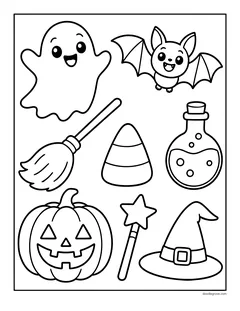 Eight simple Halloween objects: a ghost, a bat, a broom, candy corn, a potion bottle, a jack-o'-lantern, a star wand and a witch hat