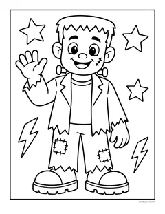 A smiling boy dressed as Frankenstein's monster in a patched jacket and big boots, waving between stars and lightning bolts