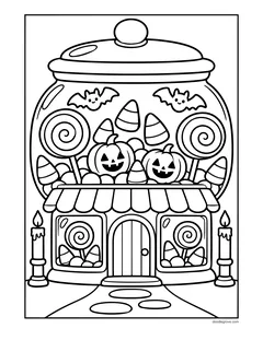 A giant candy jar turned into a little shop with an awning and a door, filled with lollipops, candy corn, jack-o'-lanterns and bats