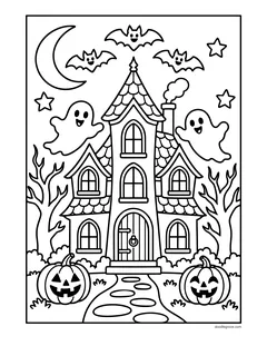 A tall haunted house with a pointed roof, two ghosts, bats, bare trees and two jack-o'-lanterns by the path
