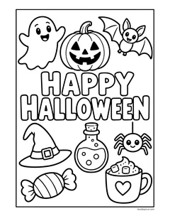 The words Happy Halloween with a ghost, a jack-o'-lantern, a bat, a witch hat, a potion, a spider, a candy and a mug of cocoa