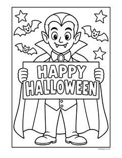 A smiling vampire boy in a long cape holding a Happy Halloween sign, with bats and stars