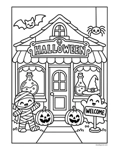 A shop with a Halloween sign, potion bottles and a witch hat in the windows, a waving mummy, a ghost with a Welcome sign and jack-o'-lanterns