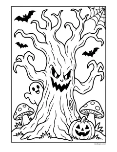 A gnarled tree with an angry face and twisting branches, with bats, a spider web, a little ghost, mushrooms and a jack-o'-lantern