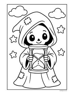 A cute little grim reaper in a patched hooded robe holding an hourglass, with stars and clouds