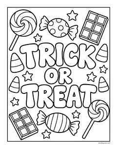 The words Trick or Treat in bubble letters surrounded by lollipops, wrapped candies, chocolate bars, candy corn and stars